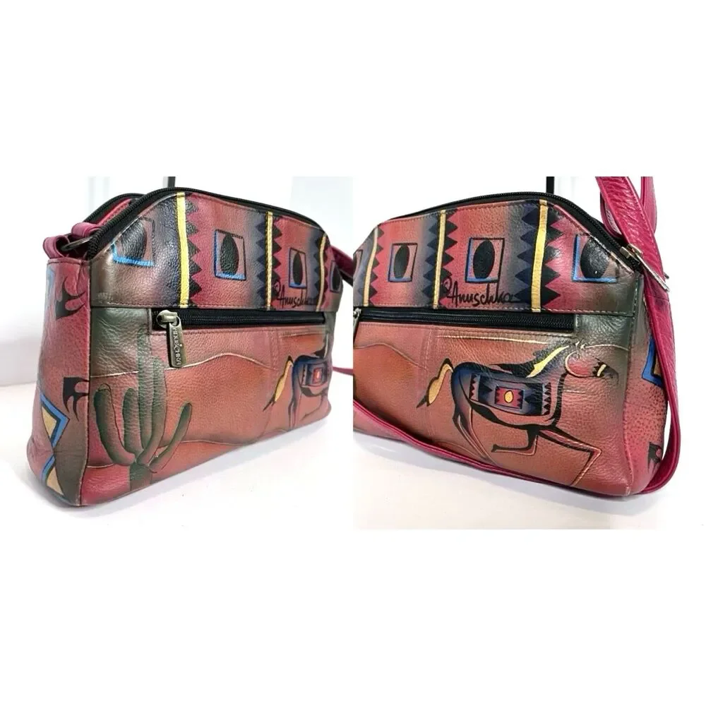 Anuschka Leather Crossbody & Card Holder Southwest Themed Artwork Hand Painted